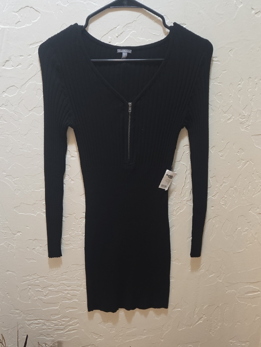 Charlotte Russe Black Ribbed Zip-Front Bodycon Mini Dress